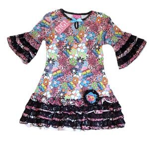 Gigi Little Girl's Size 3T 100% Cotton Rainbow and Black Glitter Ruffle Dress